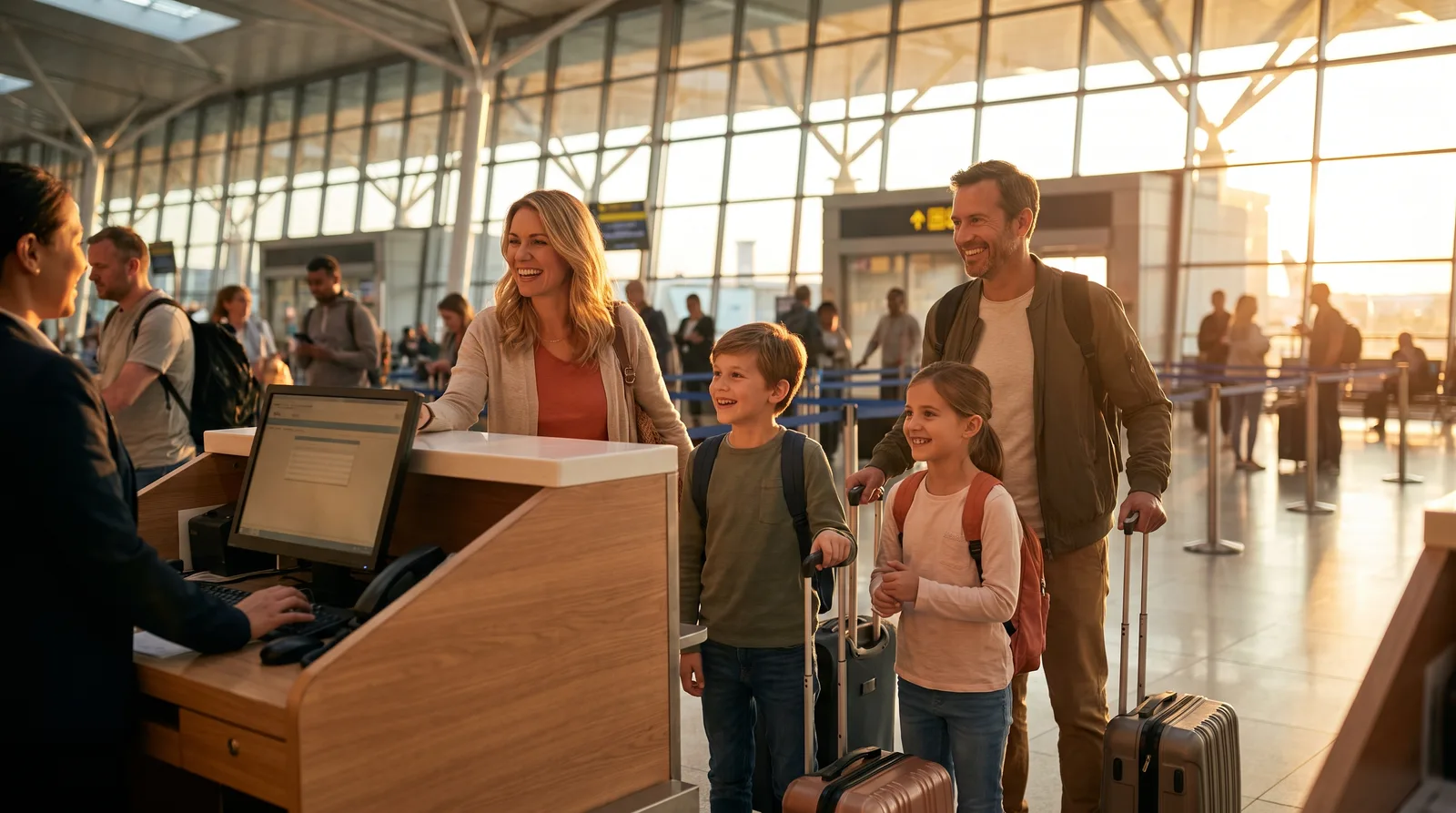Eltern und Kinder mit Koffern am Check-in-Schalter