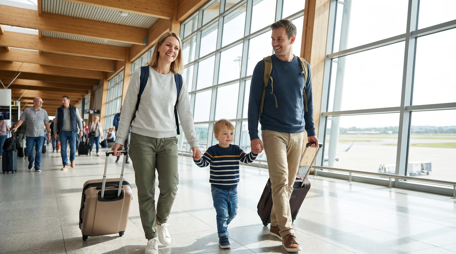 Familie mit kleinem Kind geht durch Flughafenterminal